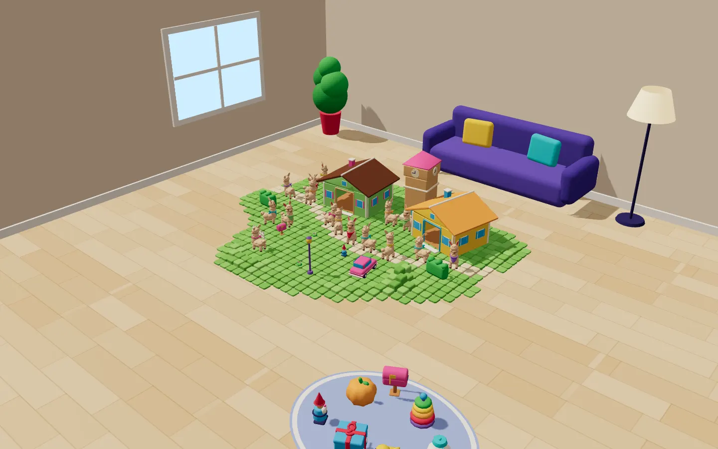 The whole room with the world and the herd