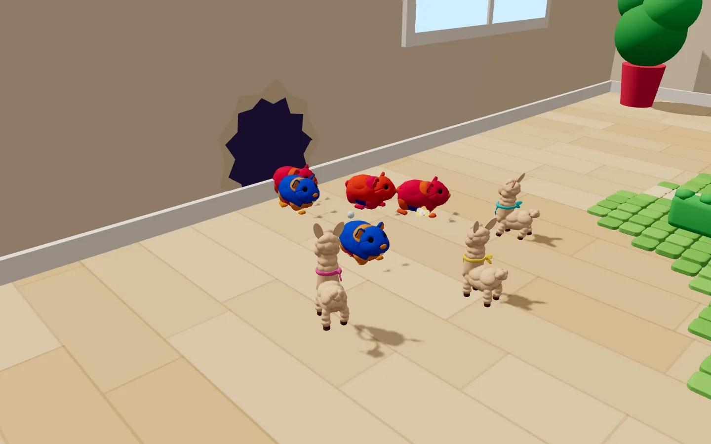 Fluff hopping out of a hole in the wall towards the llamas