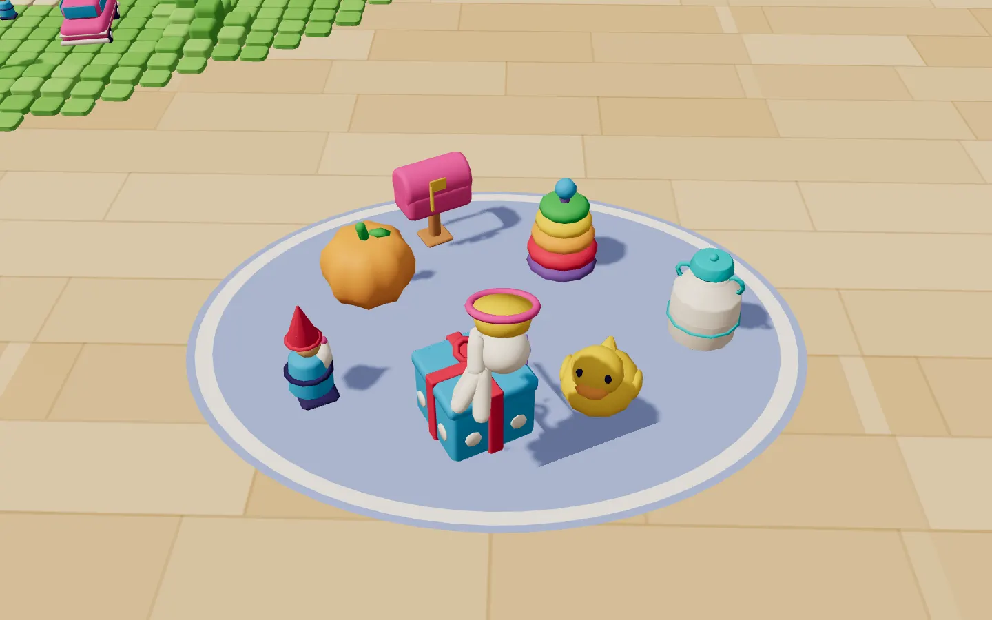 Toys on a play mat, one of them a llama in disguise